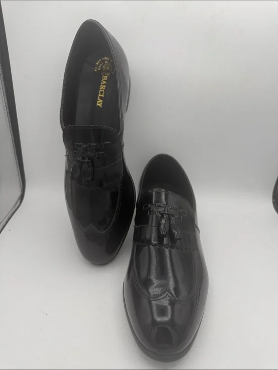 Mens Barclay black patent faux leather high polish formal slip on shoes sz 12 W
