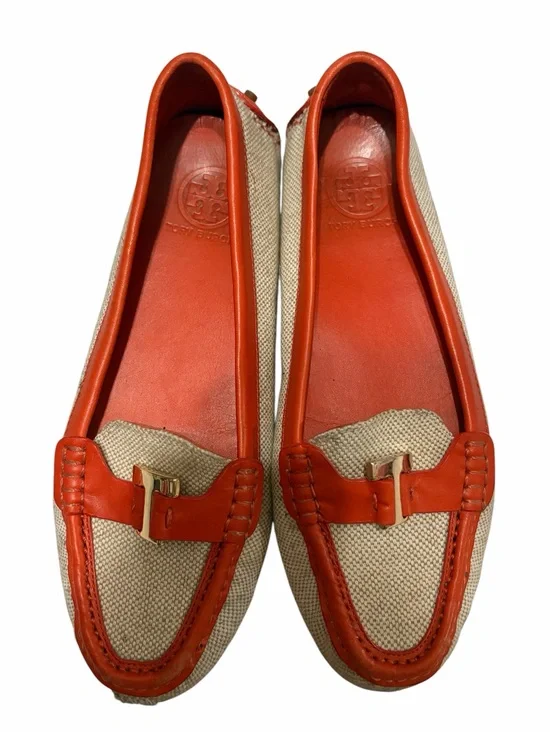 Tory Burch Beige Canvas & Orange Leather Slip-On Loafers