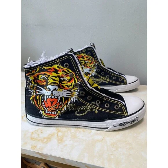 Vintage Y2K Retro Ed Hardy Tiger Men 10 Black Canvas High Top Laceless Sneakers