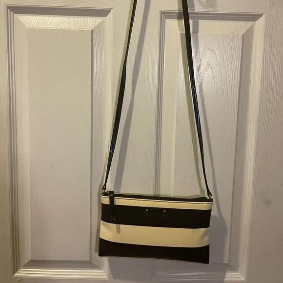 Kate Spade patent Black and Cream Striped small Crossbody Bag.