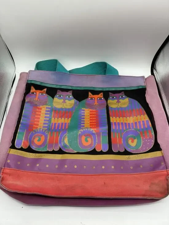 Vintage Laurel Burch Feline Cousins Canvas Tote Bag Cats As Is Heavy Wear