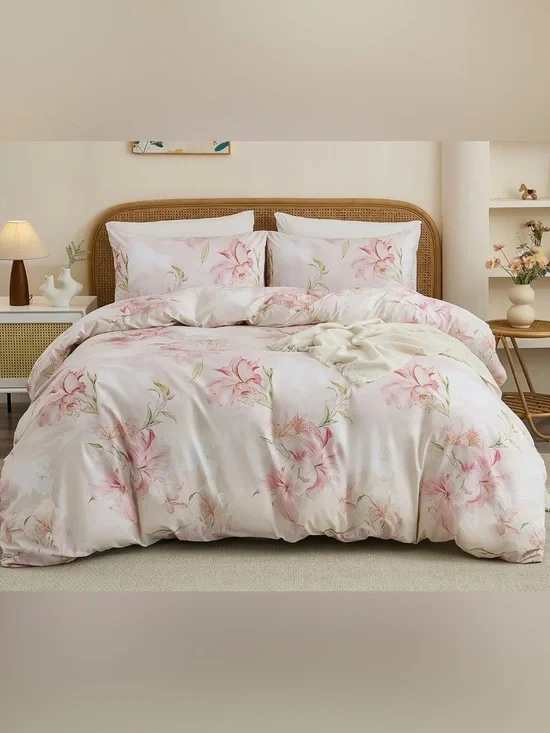 NWOT 100% Cotton Blush Lily Pink Floral 3 Piece Duvet Cover Set, King