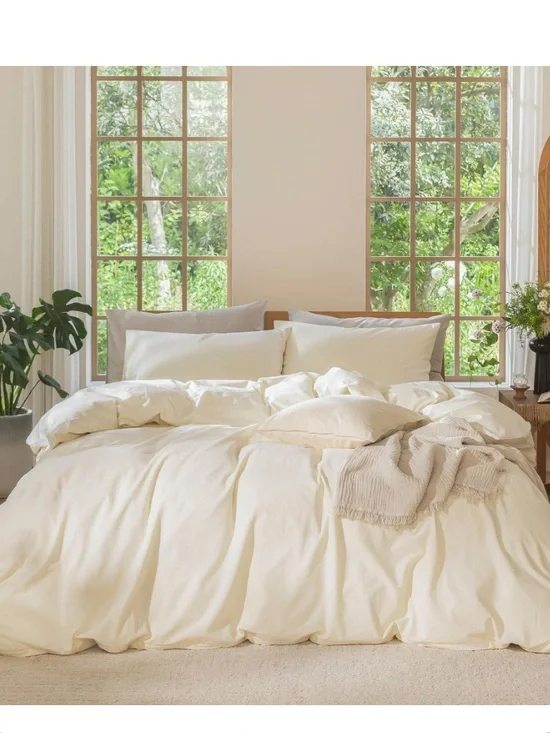 KING Neutral Duvet 3Pc Set 100% Washed Cotton Linen-Like - CREAM