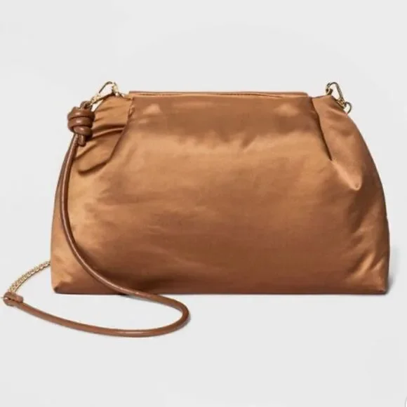 NWT A New Day Brown Gold Satin Party Clutch Crossbody Convertible Shoulder Bag