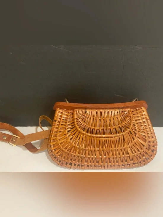 Vintage Ann Taylor Made in Italy Wicker Rattan Leather Crossbody Purse Boho