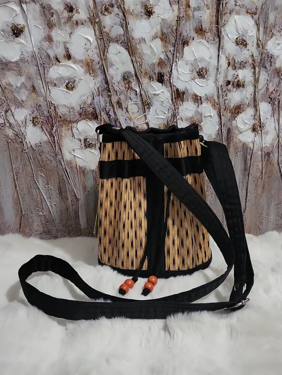 Saraye Tatami Small Handcrafted Black and Tan Woven Bucket Bag
