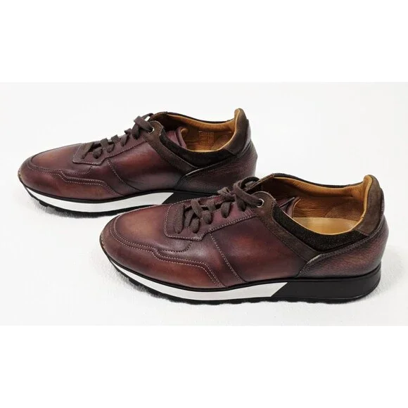 Magnanni Arco Mix Leather Trainer Sneakers Men's US 8.5 Brown Burgundy Spain