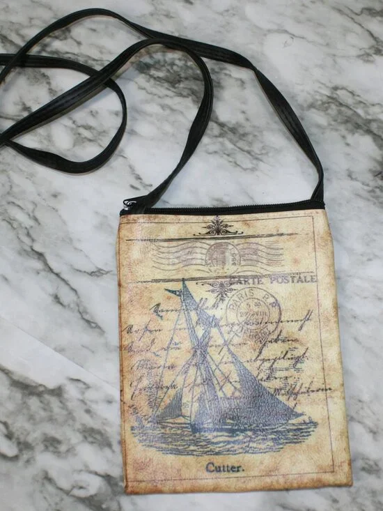 VINTAGE Purse Mini Bag Postcard Nautical Sailboat Travel Crossbody Leather