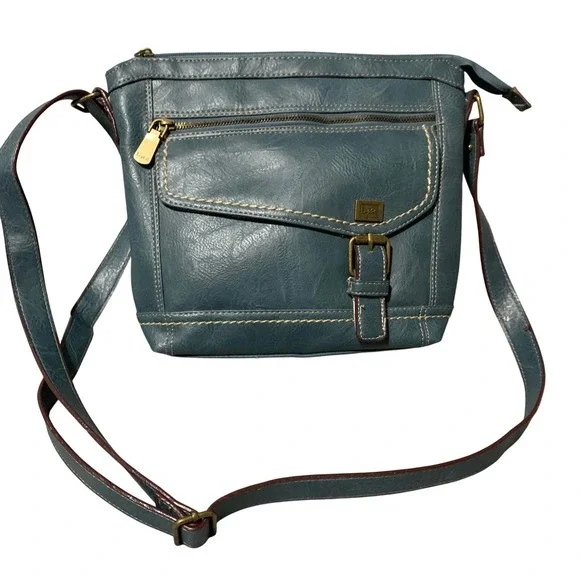 BOC Concepts Teal‎ Blue Faux Leather Crossbody Bag Adjustable Strap Zip Pockets