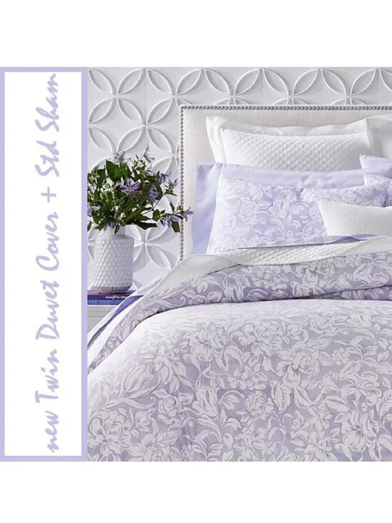 new Charter Club Damask Designs WHITE + LILAC Cotton TWIN Duvet Cover & Sham