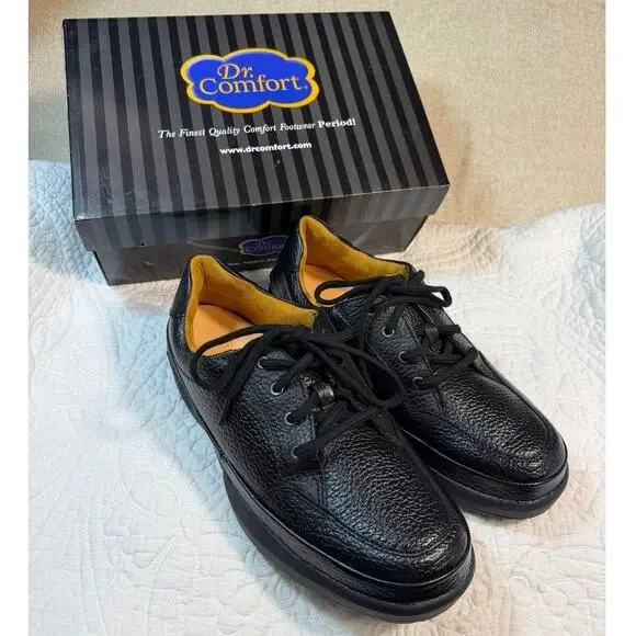 NWT Dr. Comfort Men 10.5 Black Justin Pebbled Leather Lace Up Walking Shoes