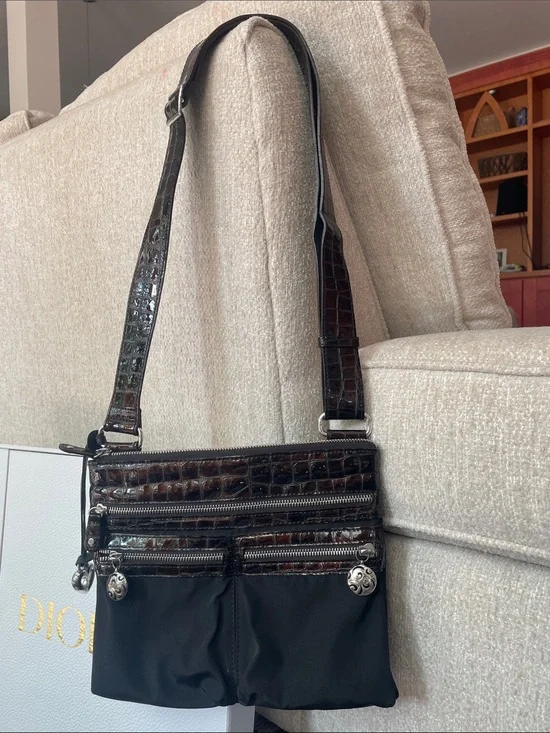 Brighton Brown Croc Embossed Crossbody Adjustable Bag With Silver Heart