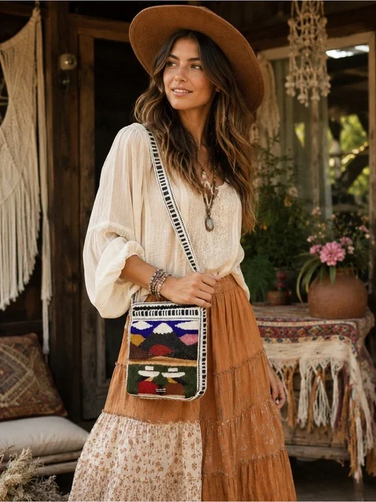 Handmade Woven Andean Crossbody Bag Scenic Folk Art Tapestry Purse