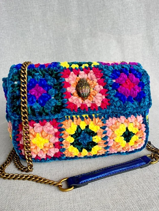 Kurt Geiger Boho Chenille Crochet Patchwork crossbody bag teal, pink yellow blue