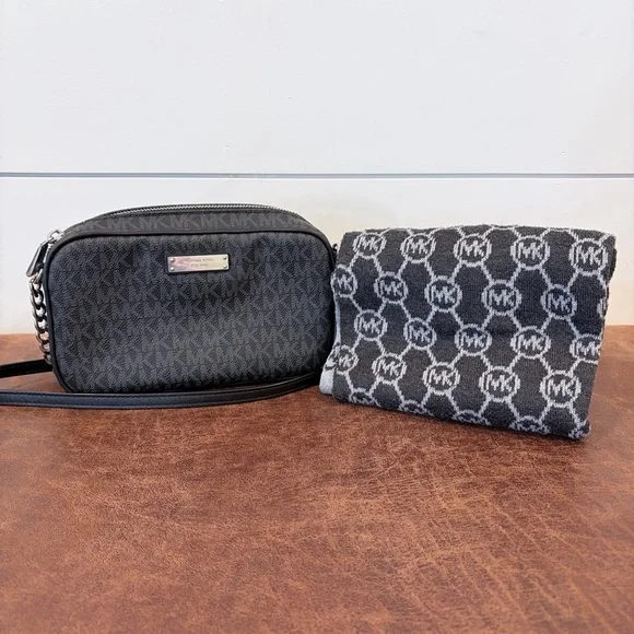 Michael Kors Charcoal Logo Classic Crossbody Bag with Chic Infinity Scarf