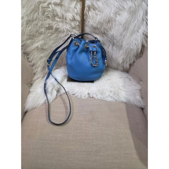 Michael Kors Frankie Blue Pebbled Leather Drawstring Bucket Bag Gold Hardware