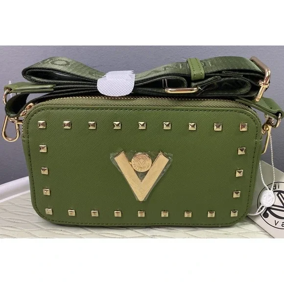 Valentino Orlandi Forest Green  Gold Studs Crossbody Purse Camera Bag 4.25x7x2.5