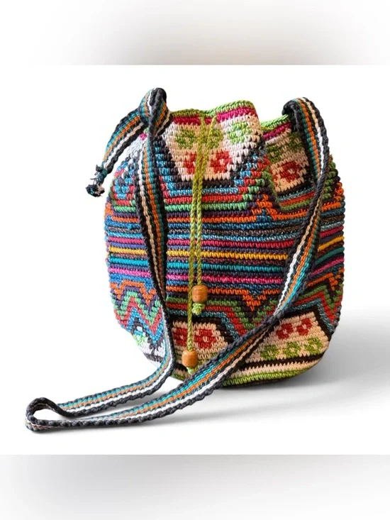 Crochet Bucket Bag Multicolor Geo Pattern Boho Festival Hippie Beaded Purse