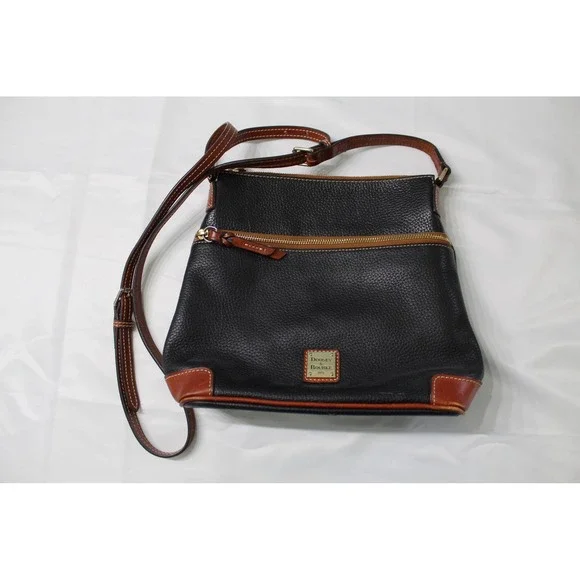Dooney & Bourke Black Pebbled Leather Crossbody Bag with Tan Trim and Red Lining