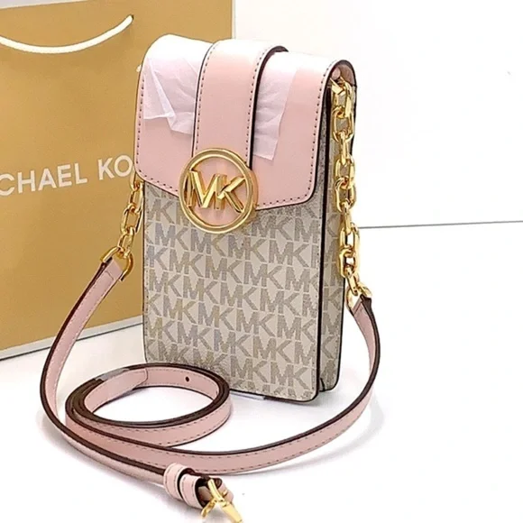 Michael Kors Carmen Small Logo Smartphone Crossbody VANILLA/ Pink signature