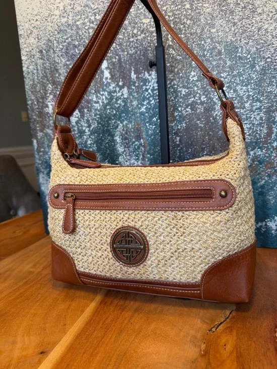 Stone Mountain Boho Woven Straw Faux‎ Leather Crossbody Shoulder Bag Tan  (VGUC)