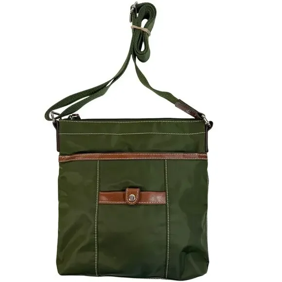 Nine West Crossbody Bag Green Nylon Brown Leather Trim Adjustable Strap