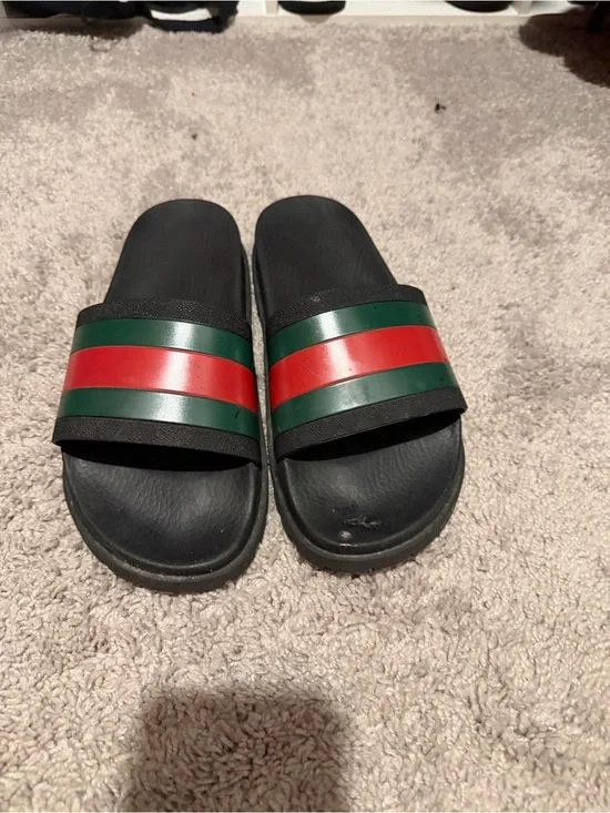 Gucci Black Slides with Green and Red Stripes