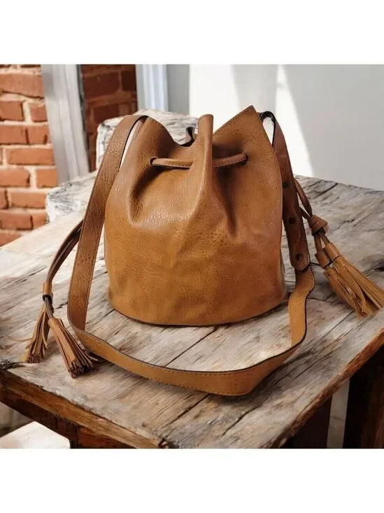 Vegan Leather Drawstring Bucket Bag with Tassels