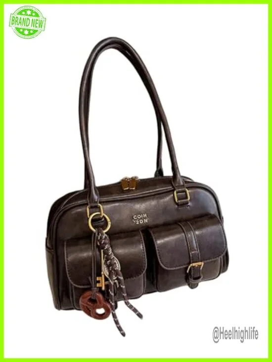PU Leather Hobo Shoulder Bag Multi-Pocket Tote with Zipper