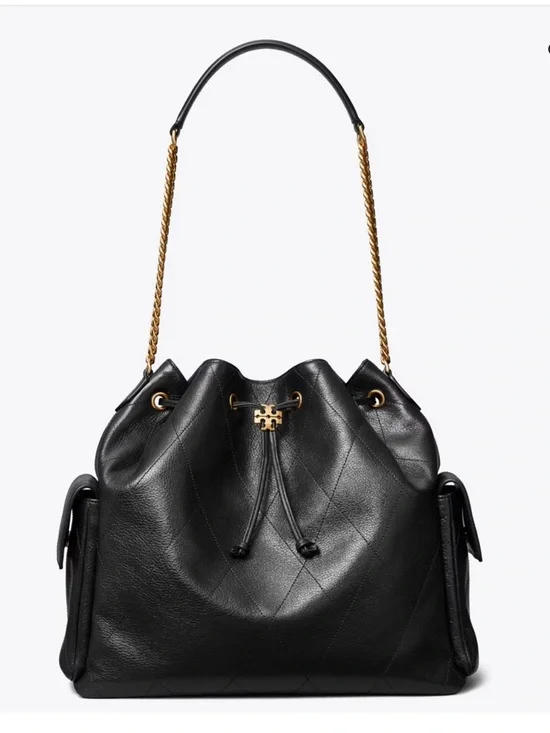 Tory Burch Large Charlie Black Leather Drawstring Shoulder Bag with Gold Chain
