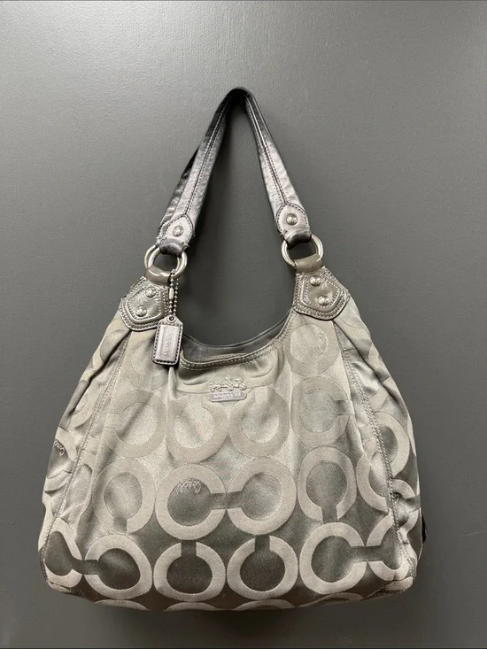 Coach Metallic Silver Opt Art Gray Signature Hobo Bag