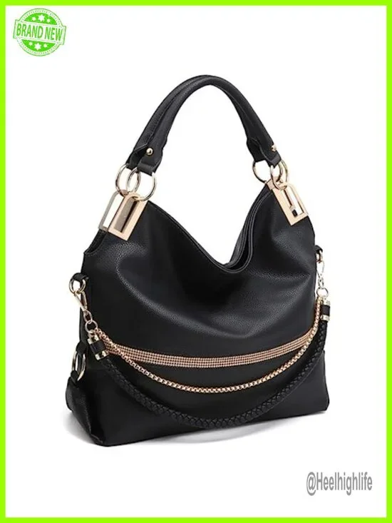 Large Hobo Bag with Rhinestone Accents Vegan Leather Tote Shoulder Handbag