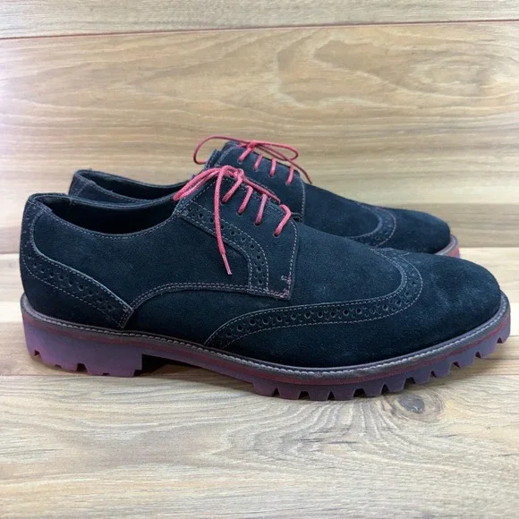 Donald J Pliner Eric Wingtip Oxford Mens 11.5 M Black Suede Red Lug Sole