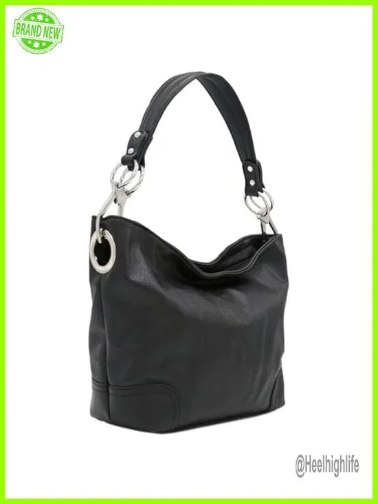 Faux Leather Hobo Shoulder Bag with Zipper Closure and Detachable Strap