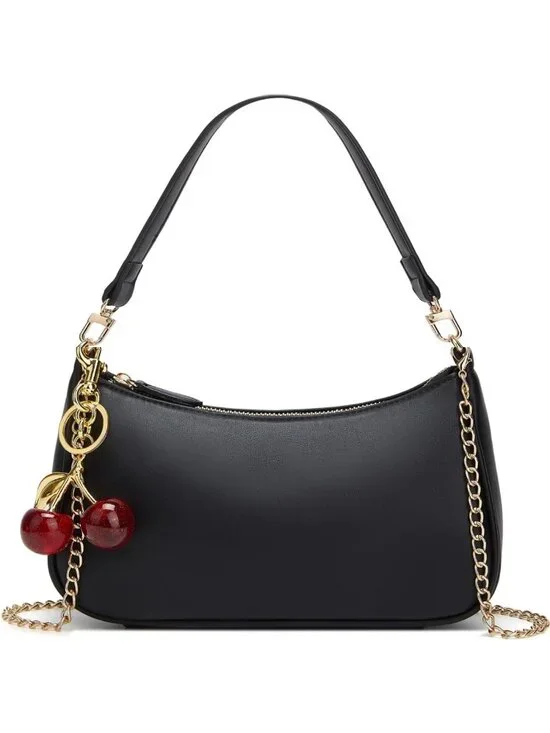 Chic Black Hobo Shoulder Bag for Women, Retro Cherry Clutch with Removable