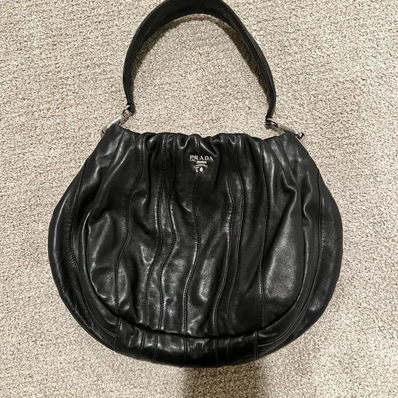 Prada Waves Black Leather Hobo Shoulder Bag