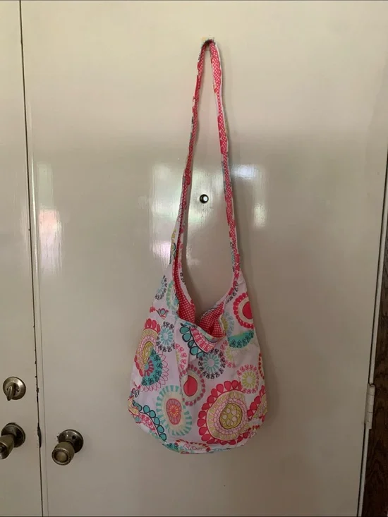 Thirty-One Boho Citrus Medallion Pink Gingham Reversible Crossbody Hobo Bag.