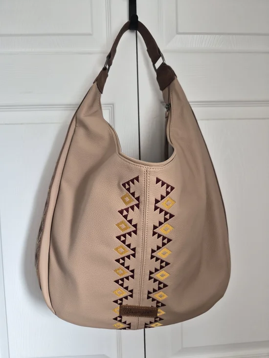 Wrangler Taupe Hobo Bag with Yellow & Burgundy Embroidery