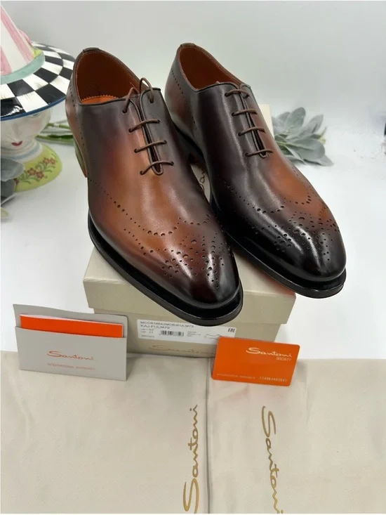Men’s Santoni gradient, brown burnished leather, Oxford, dress shoes, size 11 US