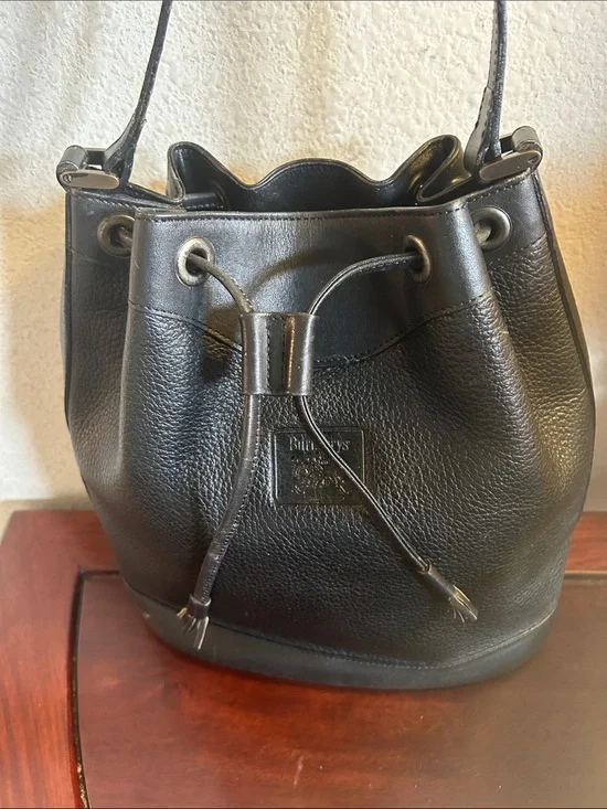 Burberrys Black Pebble Leather Drawstring Bucket Bag