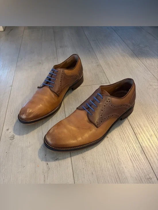 Johnston & Murphy Brown Leather Wingtip Oxfords with Blue Laces