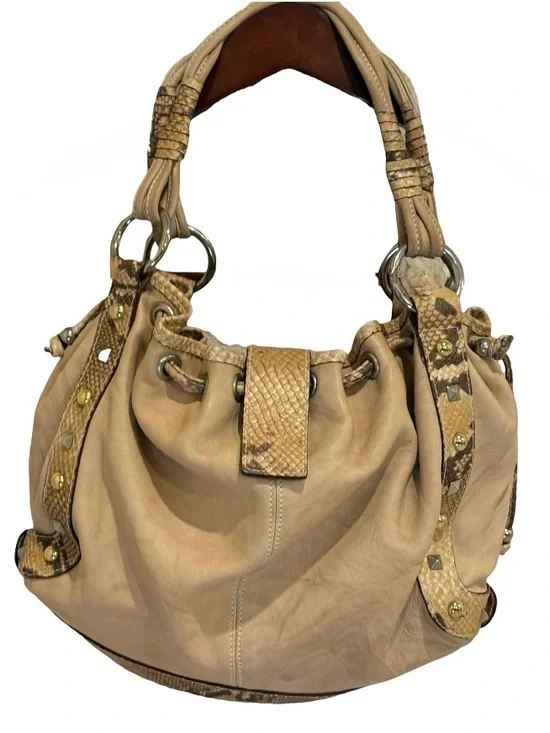 Y2K Tan Leather Python Trim Hobo Bag Mania Italy Silver Ring Gold Stud Boho