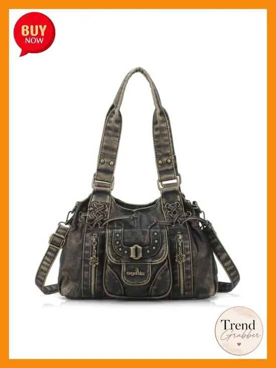 Small Hobo Bag Retro Washed Faux Leather Shoulder Handbag Roomy Top Handles