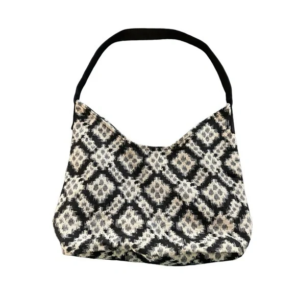 Gold Coast Black Off White Hobo Shoulder Purse Handbag Tapestry Snap Closure EUC