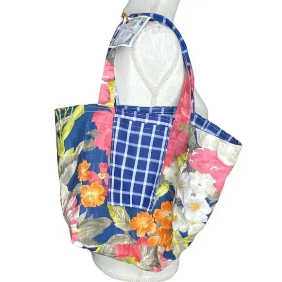 Happy Groovy Designs Reversible Blue White Gingham Floral Open Hobo Bag Purse