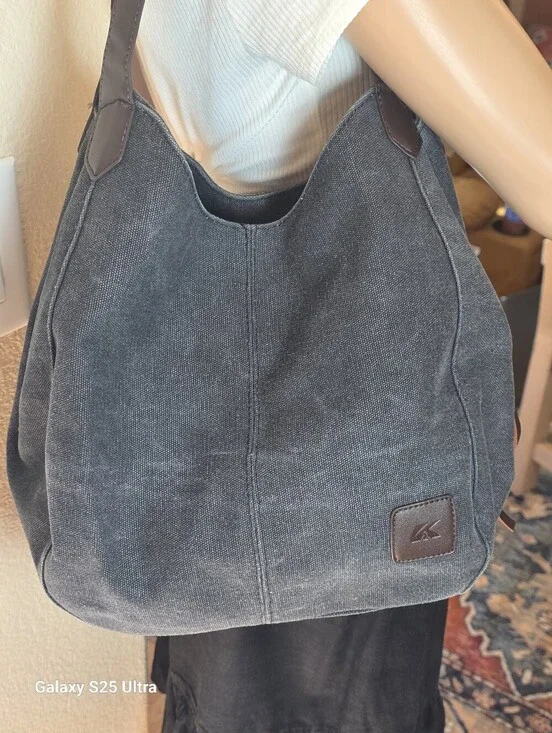 K2 Classic Gray Washed Distressed Canvas Hobo Bag  EUC