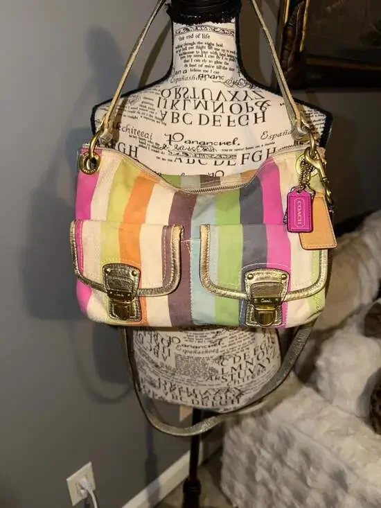 Y2K Coach Legacy Stripe Multicolor Hobo Shoulder Bag with Metallic Gold Trim
