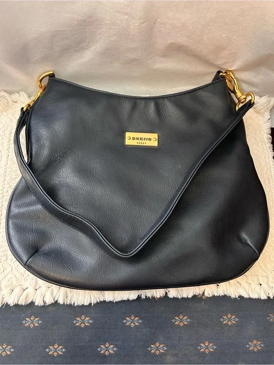 Bueno Navy Blue Leather Shoulder Bag with Gold Hardware