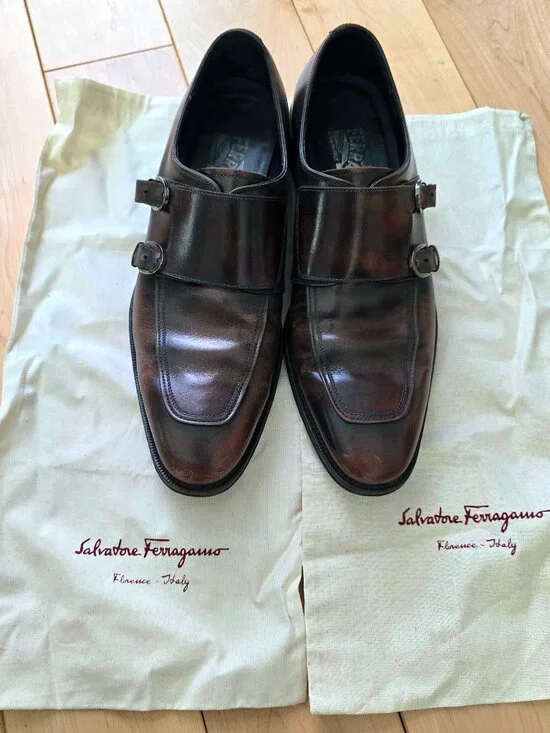 Salvatore Ferragamo Mens Double Monk Strap Leather Loafers Burgundy US 9D w/Bag