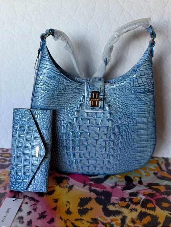 SET Brahmin Fallon Aura Blue Shoulder Bag leather Sky Blue & Wallet NWT